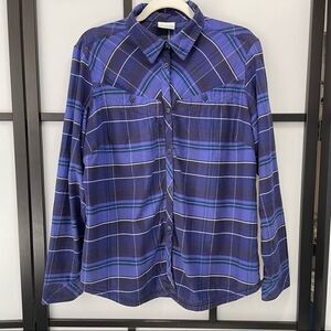[xl] Columbia Women’s Purple Blue & White Plaid Long Sleeve Button Down Shirt